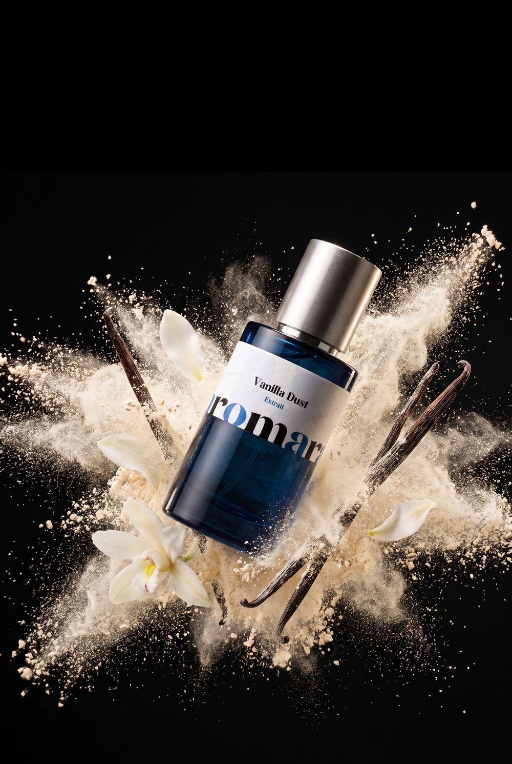 aromara Vanilla Dust 35% Extrait bottle falling through a burst of vanilla powder